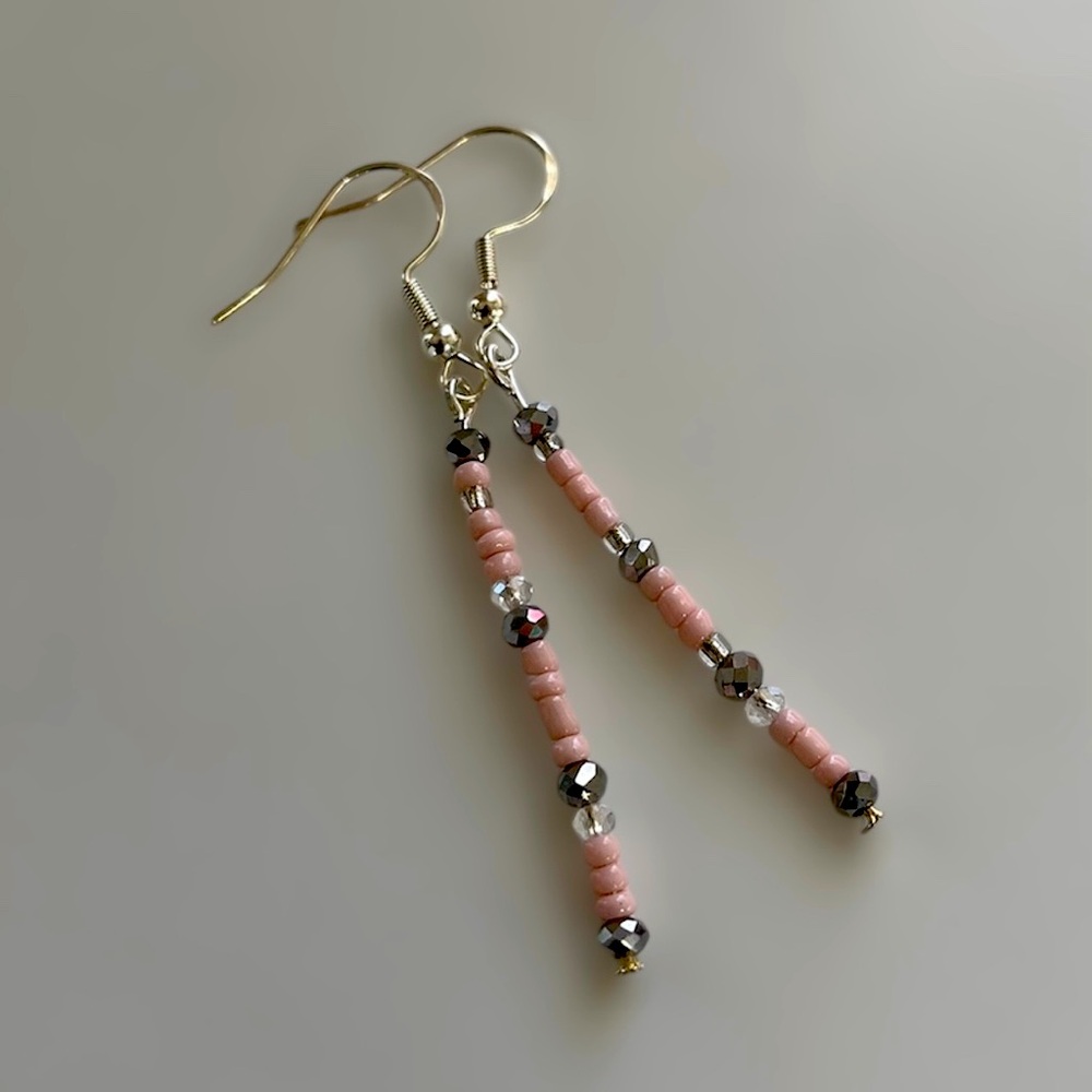 Pink Silver Beaded Crystal Drop Earrings in Sterling Silver Hook